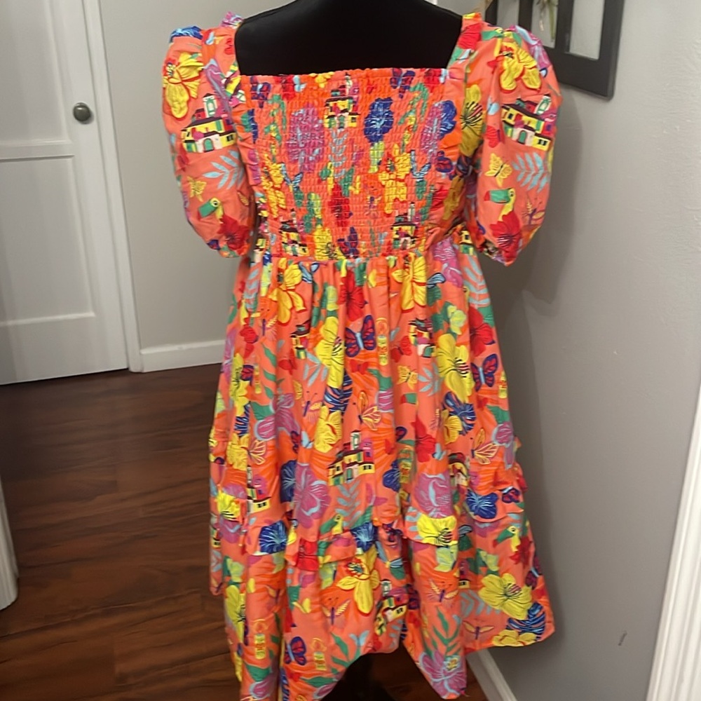 Disney Bright Orange Floral & Butterfly Midi Dress with Puff Sleeves - Picture 4 of 13